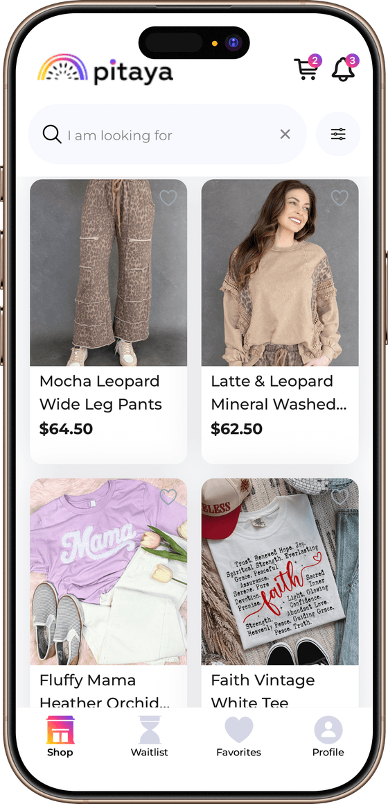 The Pitaya buyer app home screen: a store's products in a two-column grid with search, cart and notifications
