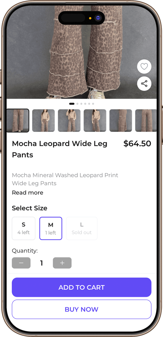 The Pitaya buyer app product screen: photos, price, sizes with how many are left, and Add to Cart